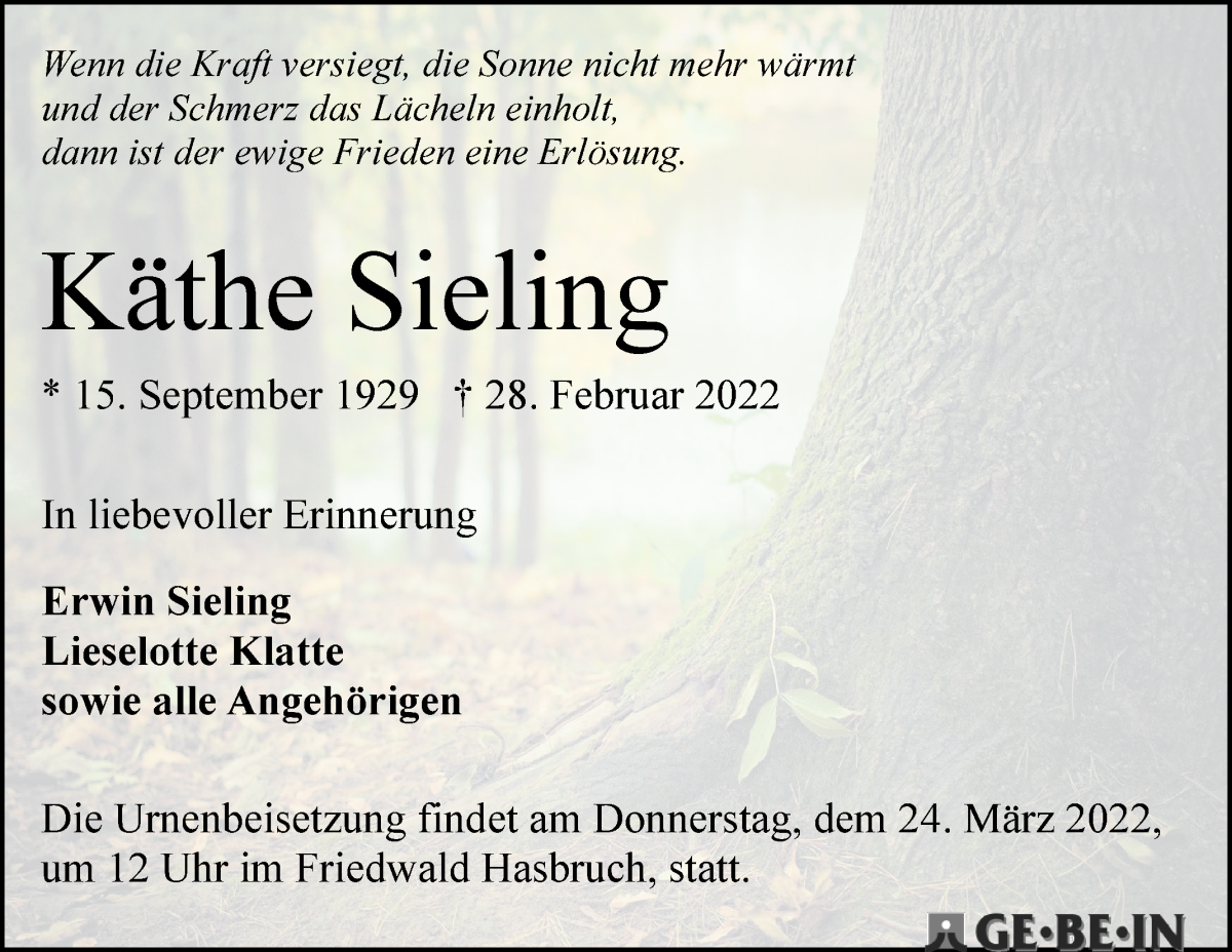 Traueranzeige von Käthe Sieling von WESER-KURIER