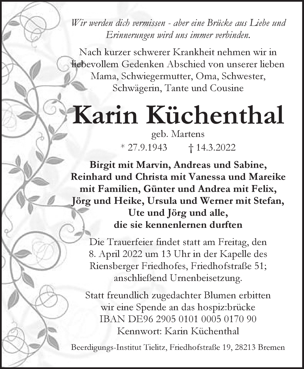 Traueranzeige von Karin Küchenthal von WESER-KURIER