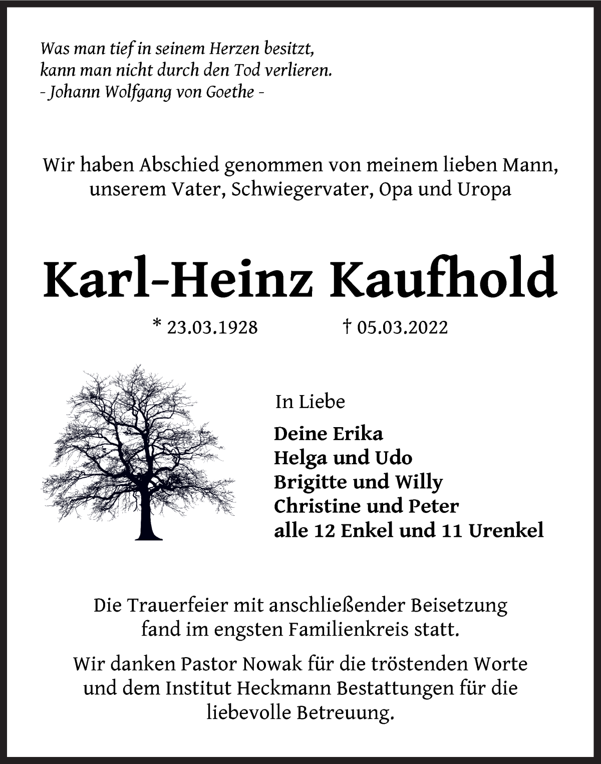 Traueranzeige von Karl-Heinz Kaufhold von Die Norddeutsche