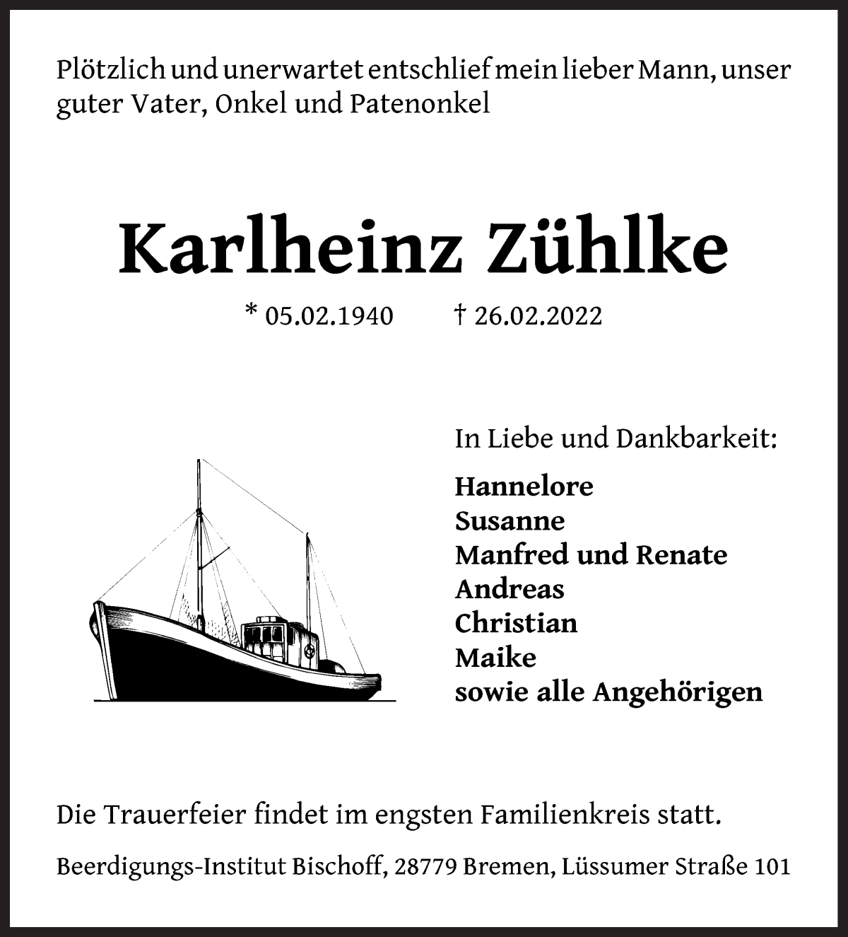 Traueranzeige von Karlheinz Zühlke von Die Norddeutsche