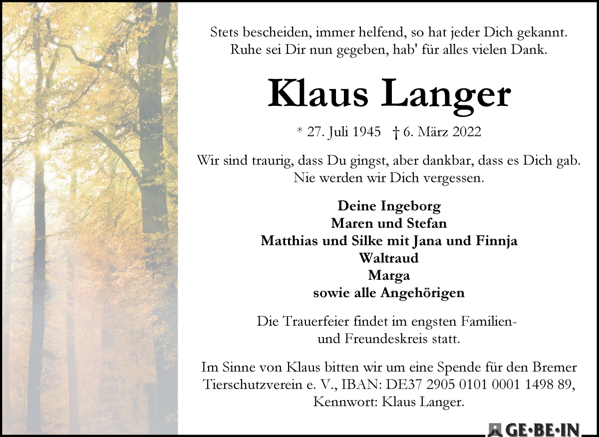 Traueranzeige von Klaus Langer von WESER-KURIER