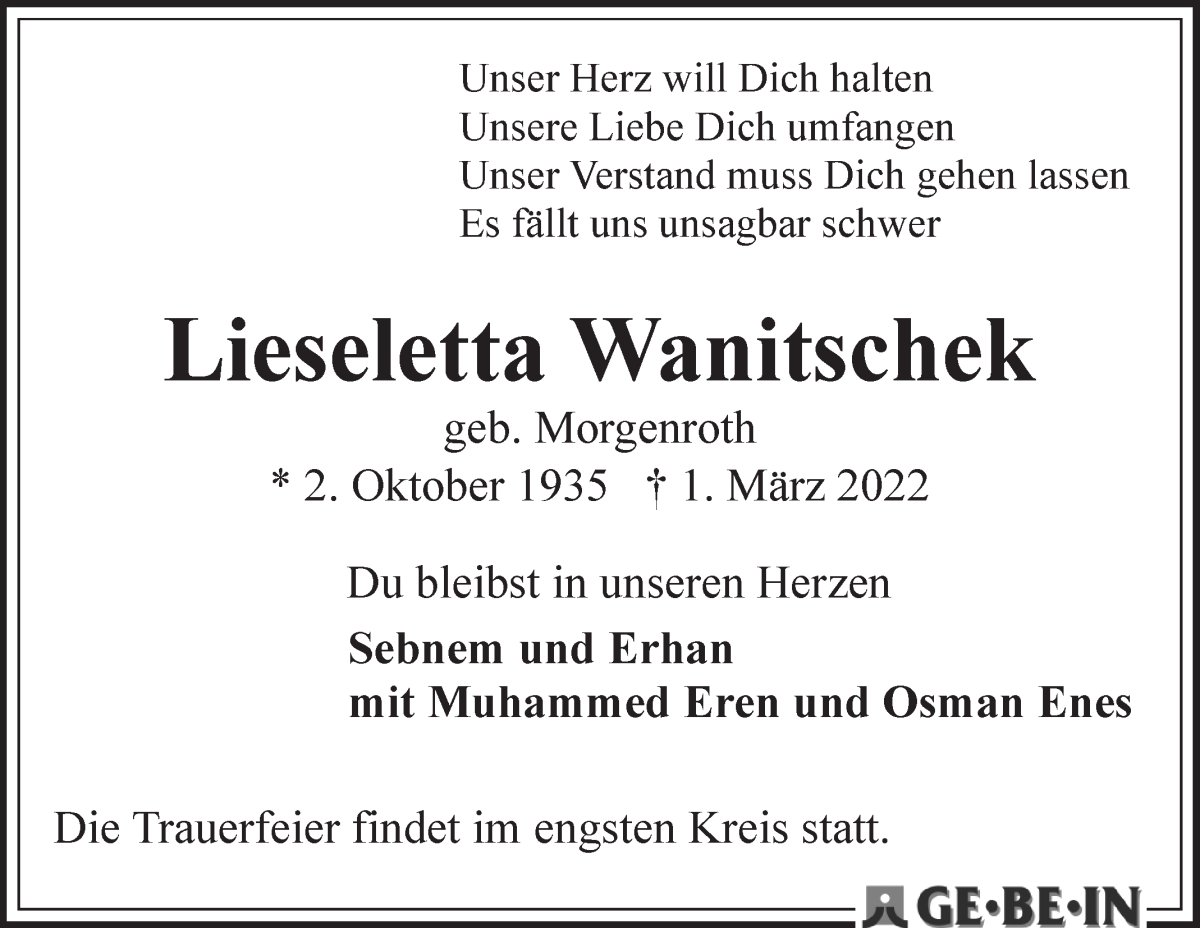 Traueranzeige von Lieseletta Wanitschek von WESER-KURIER