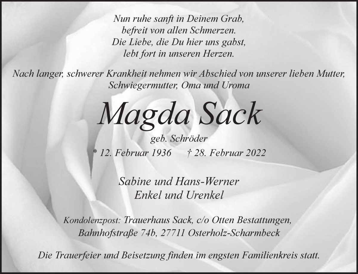 Traueranzeige von Magda Sack von Osterholzer Kreisblatt