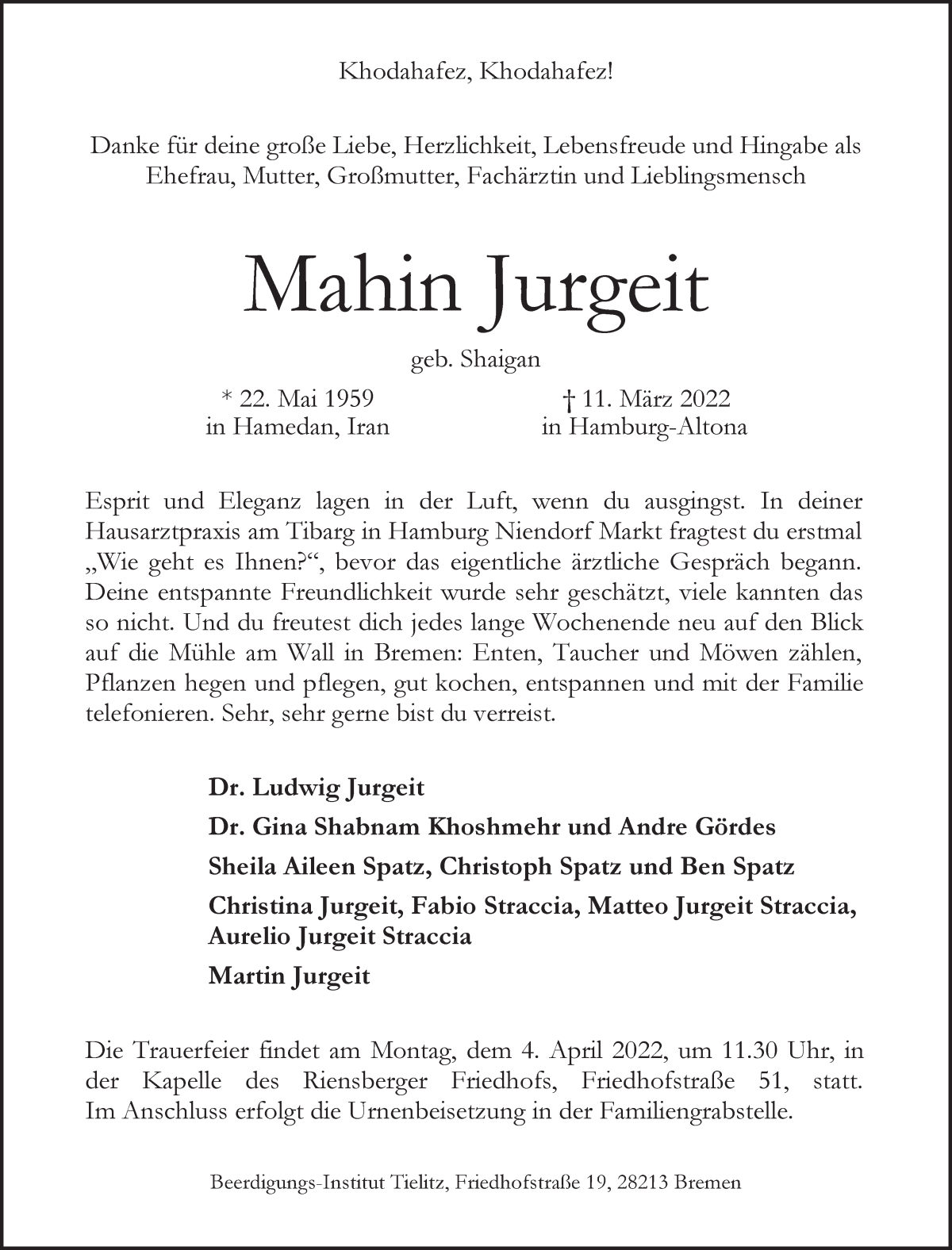 Traueranzeige von Mahin Jurgeit von WESER-KURIER