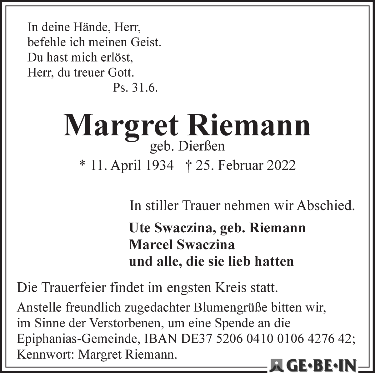 Traueranzeige von Margret Riemann von WESER-KURIER
