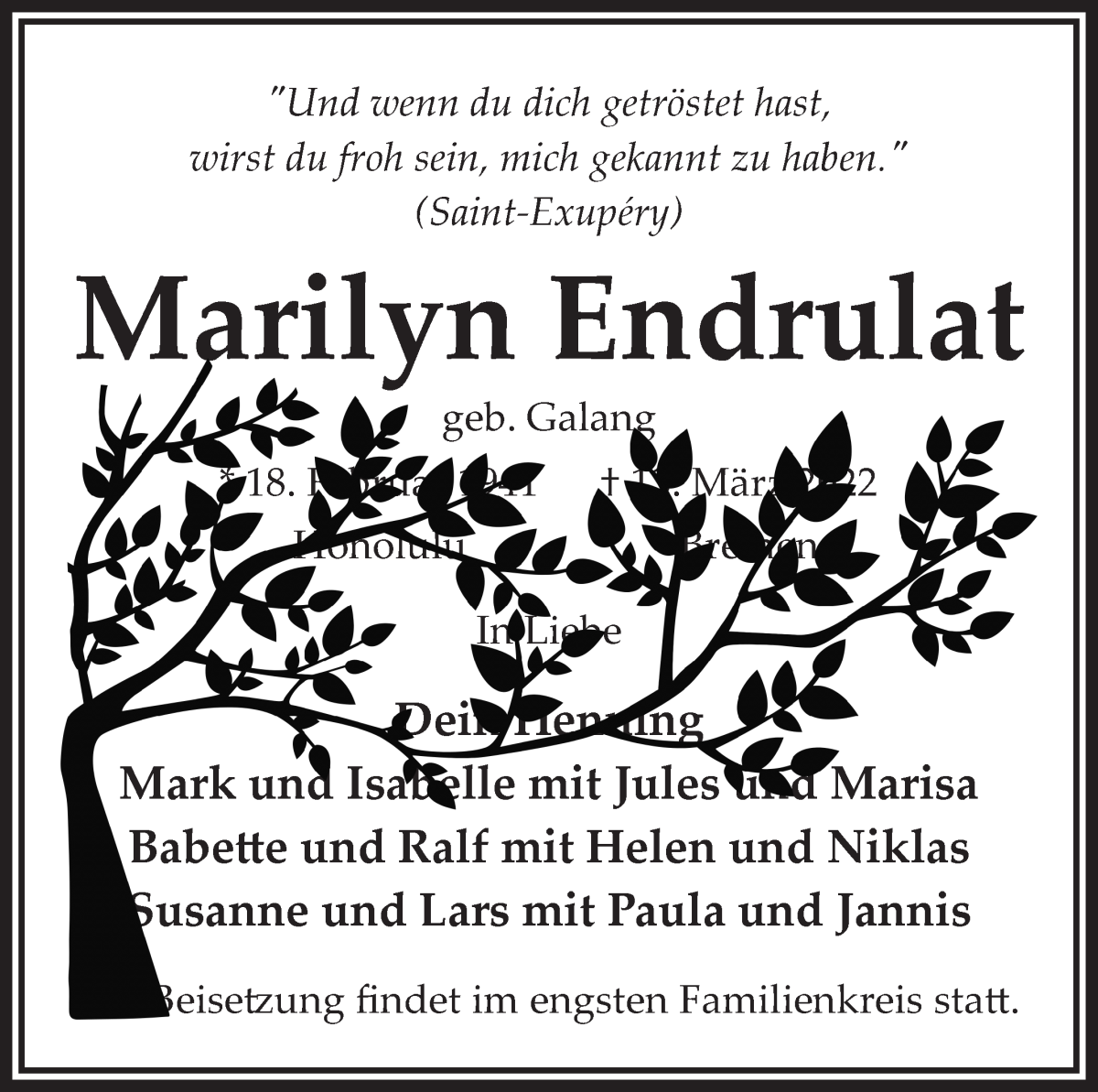 Traueranzeige von Marilyn Endrulat von WESER-KURIER