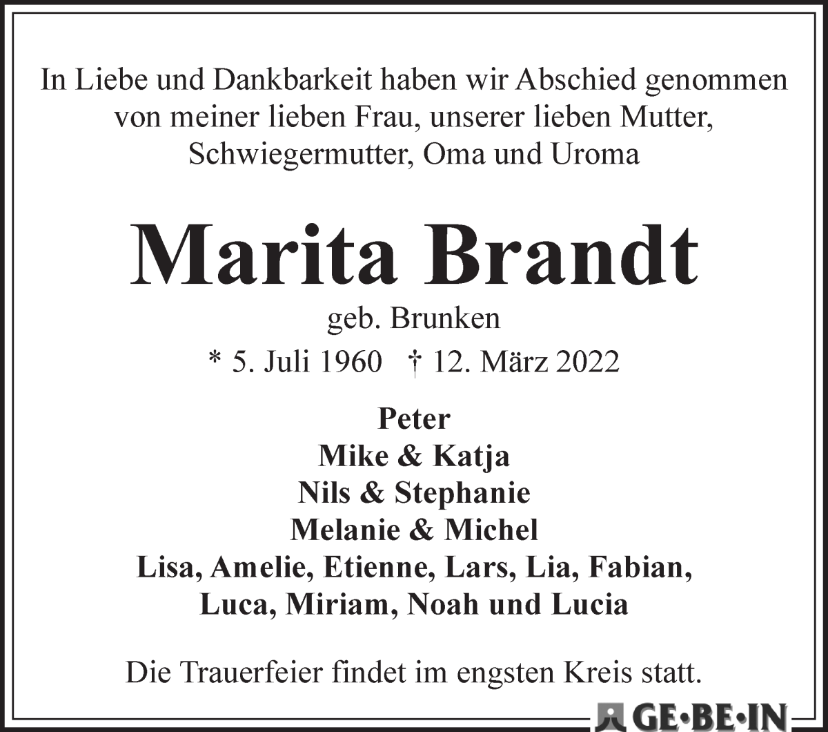 Traueranzeige von Marita Brandt von WESER-KURIER