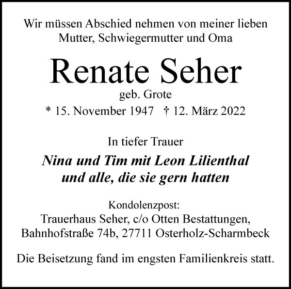 Traueranzeige von Renate Seher von Osterholzer Kreisblatt