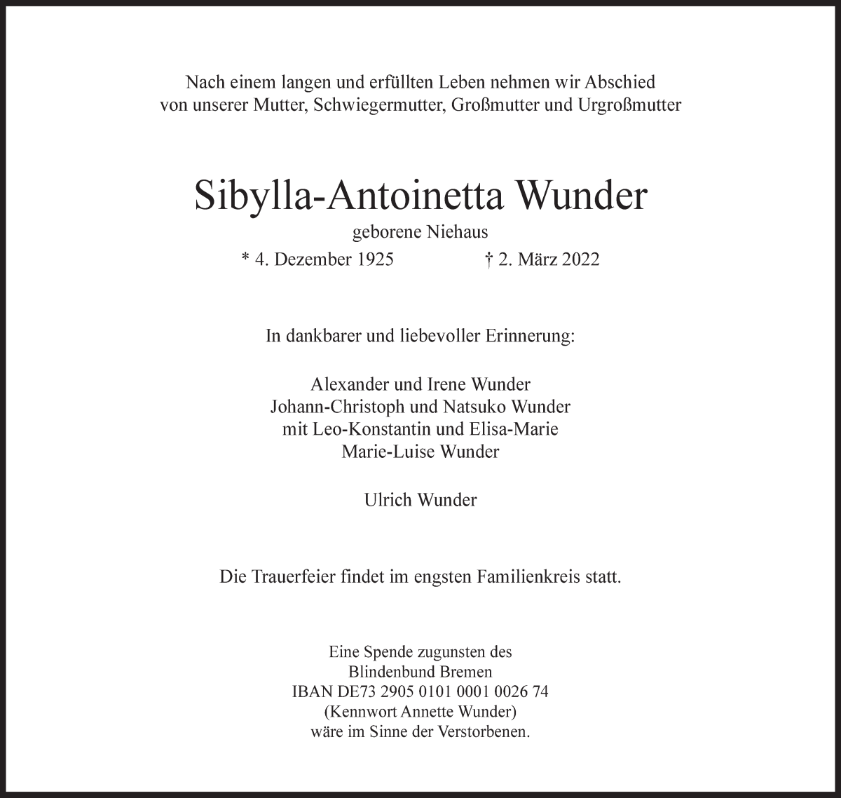 Traueranzeige von Sibylla-Antoinetta Wunder von WESER-KURIER