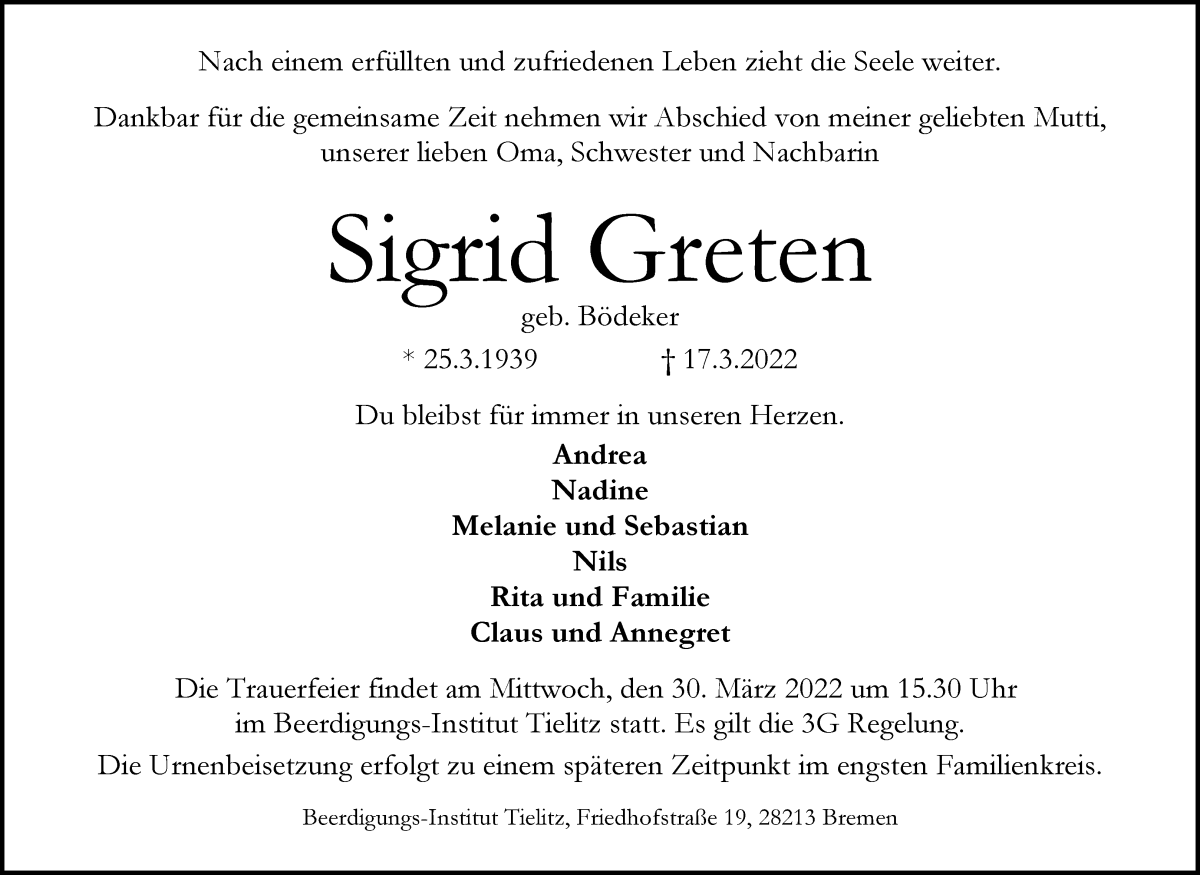 Traueranzeige von Sigrid Greten von WESER-KURIER