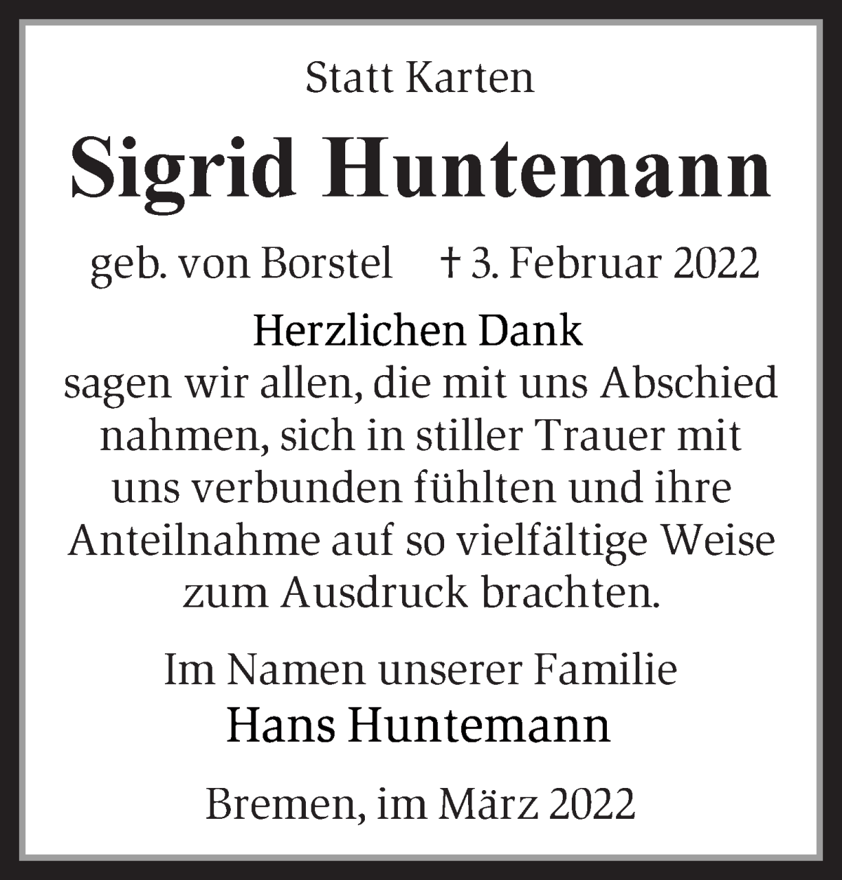 Traueranzeige von Sigrid Huntemann von WESER-KURIER