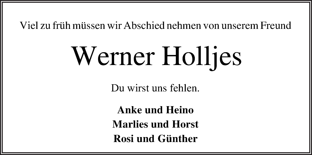 Traueranzeige von Werner Holljes von Osterholzer Kreisblatt