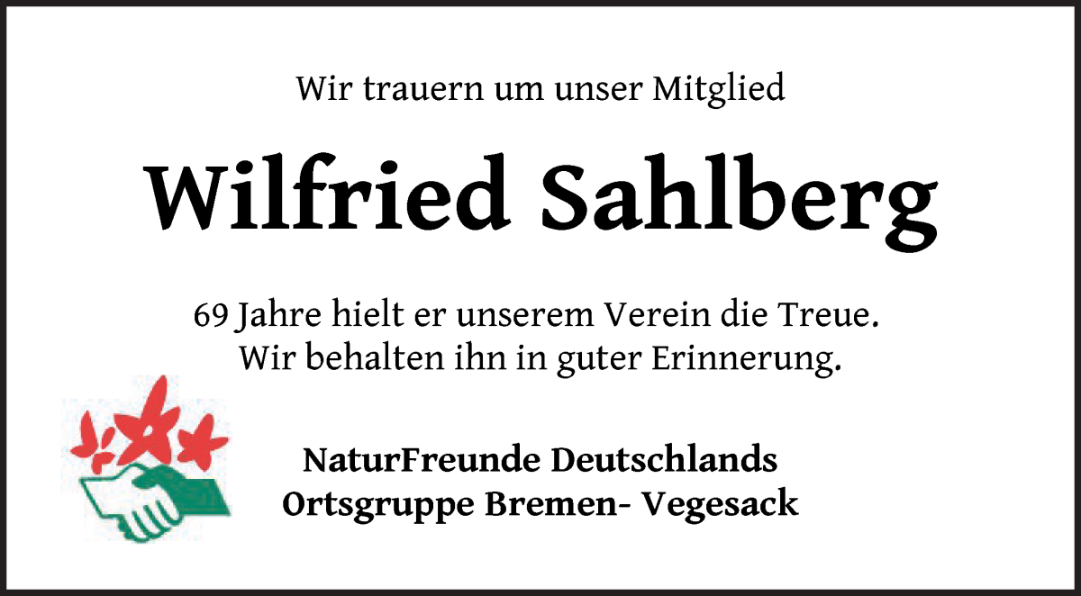 Traueranzeige von Wilfried Sahlberg von Die Norddeutsche