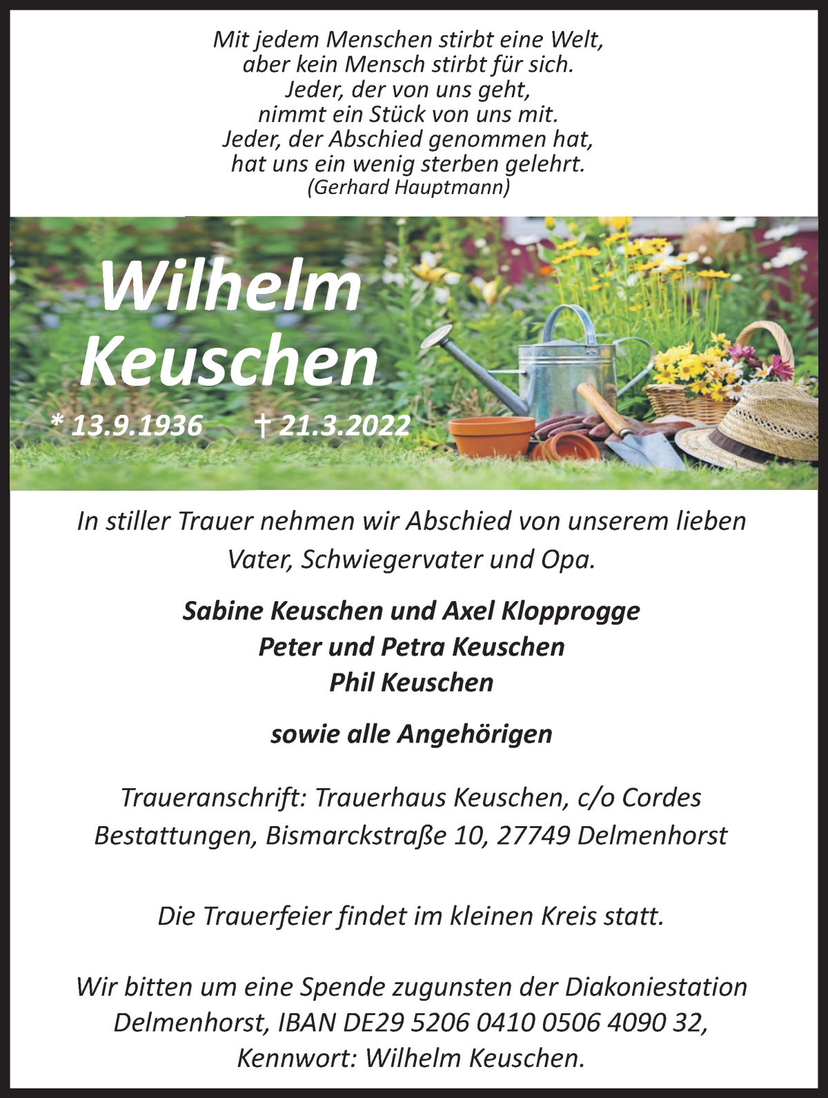 Traueranzeige von Wilhelm Keuschen von WESER-KURIER