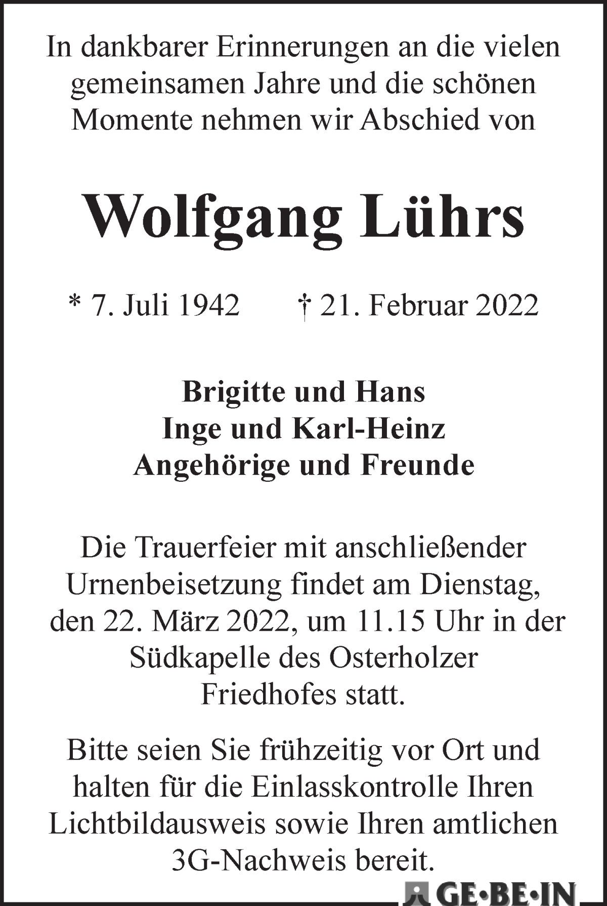 Traueranzeige von Wolfgang Lührs von WESER-KURIER