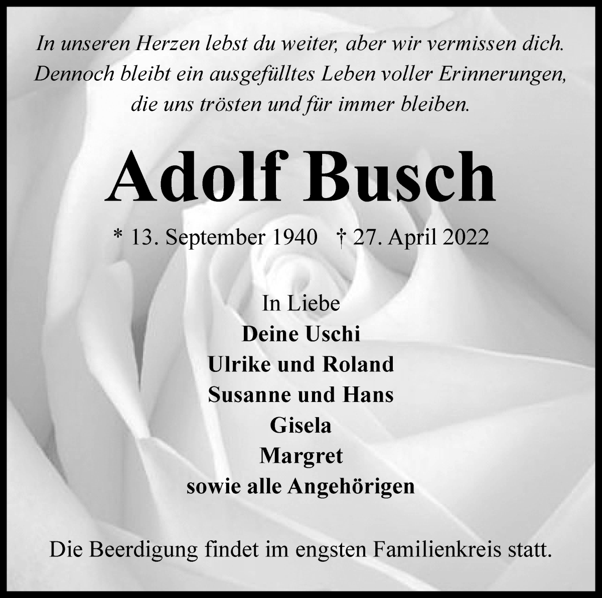 Traueranzeige von Adolf Busch von WESER-KURIER
