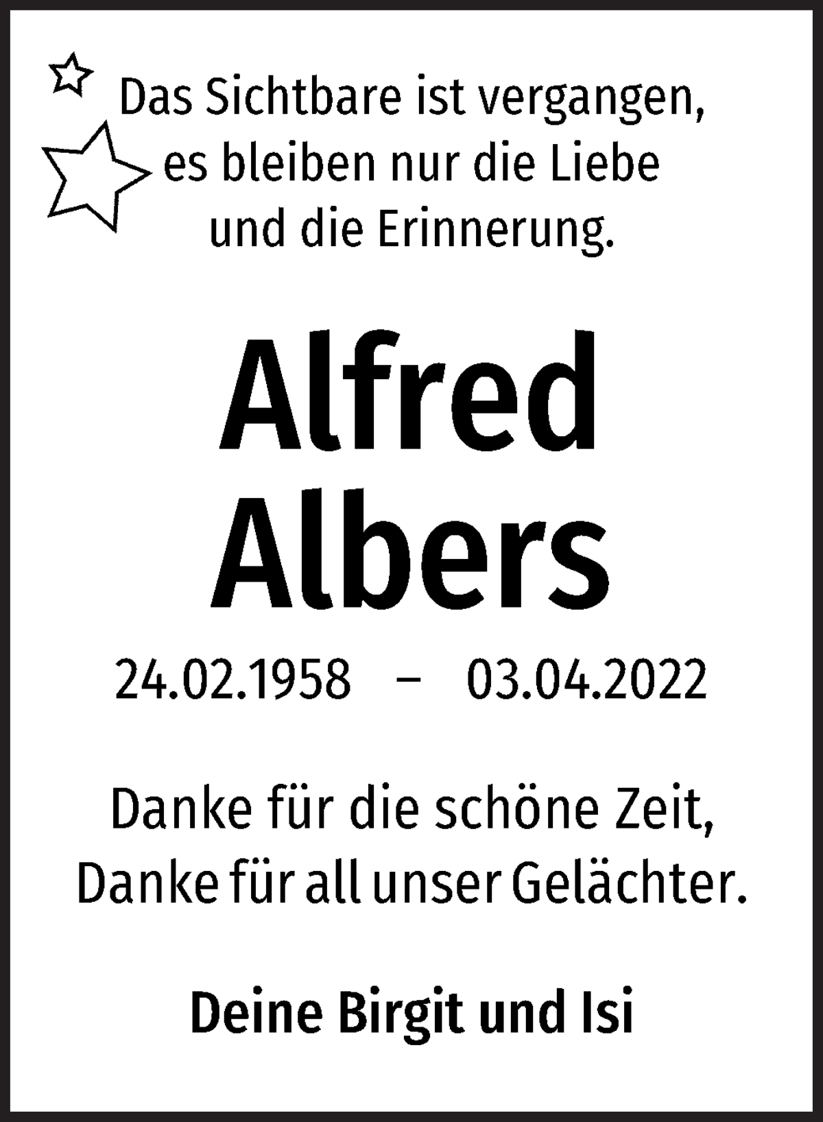 Traueranzeige von Alfred Albers von WESER-KURIER