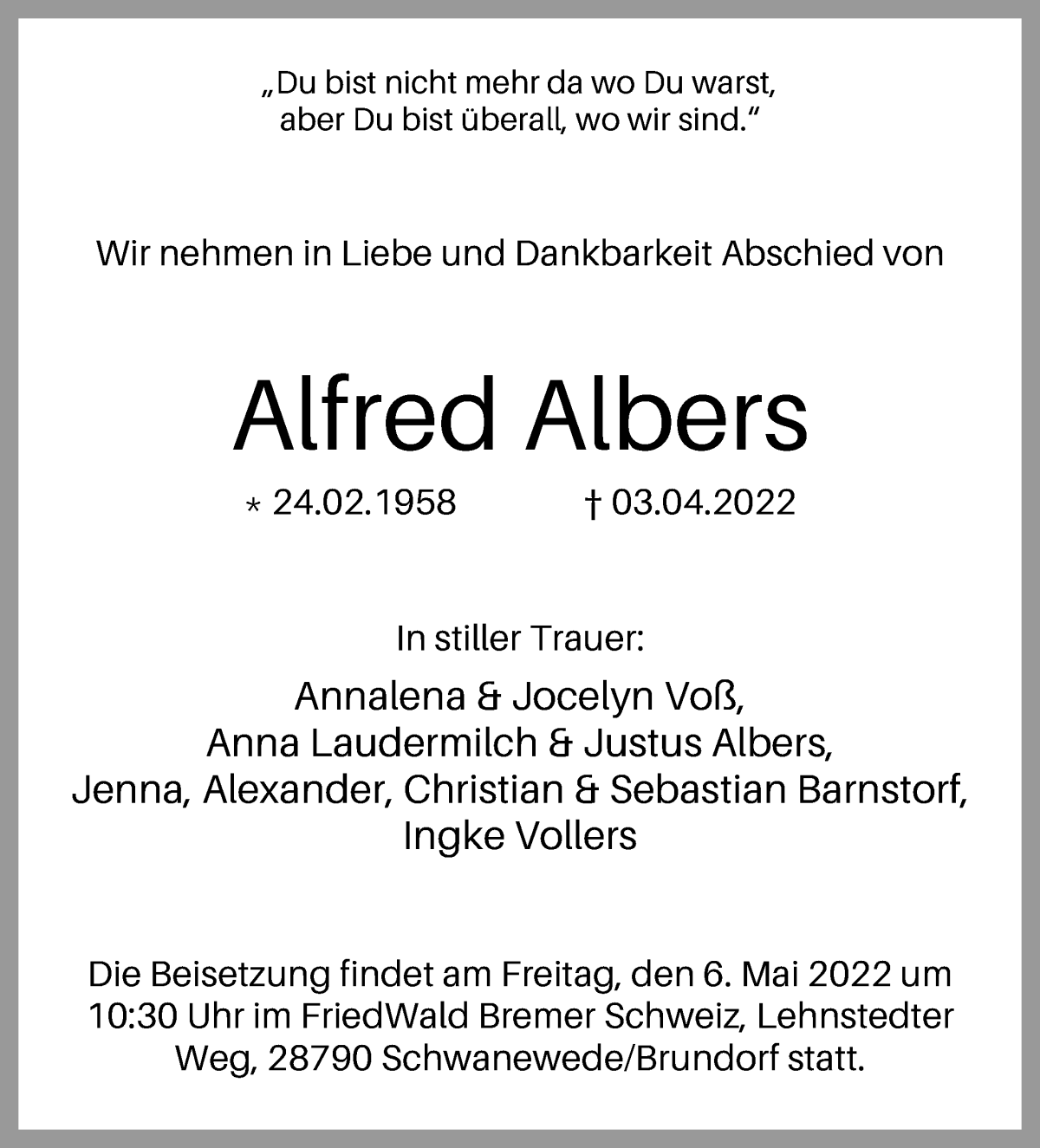 Traueranzeige von Alfred Albers von WESER-KURIER