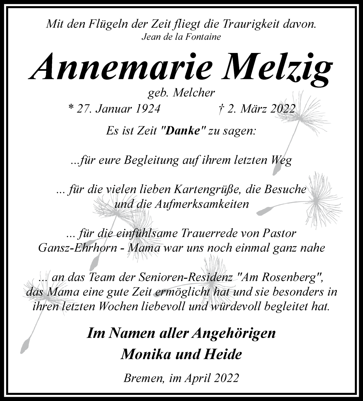 Traueranzeige von Annemarie Melzig von WESER-KURIER
