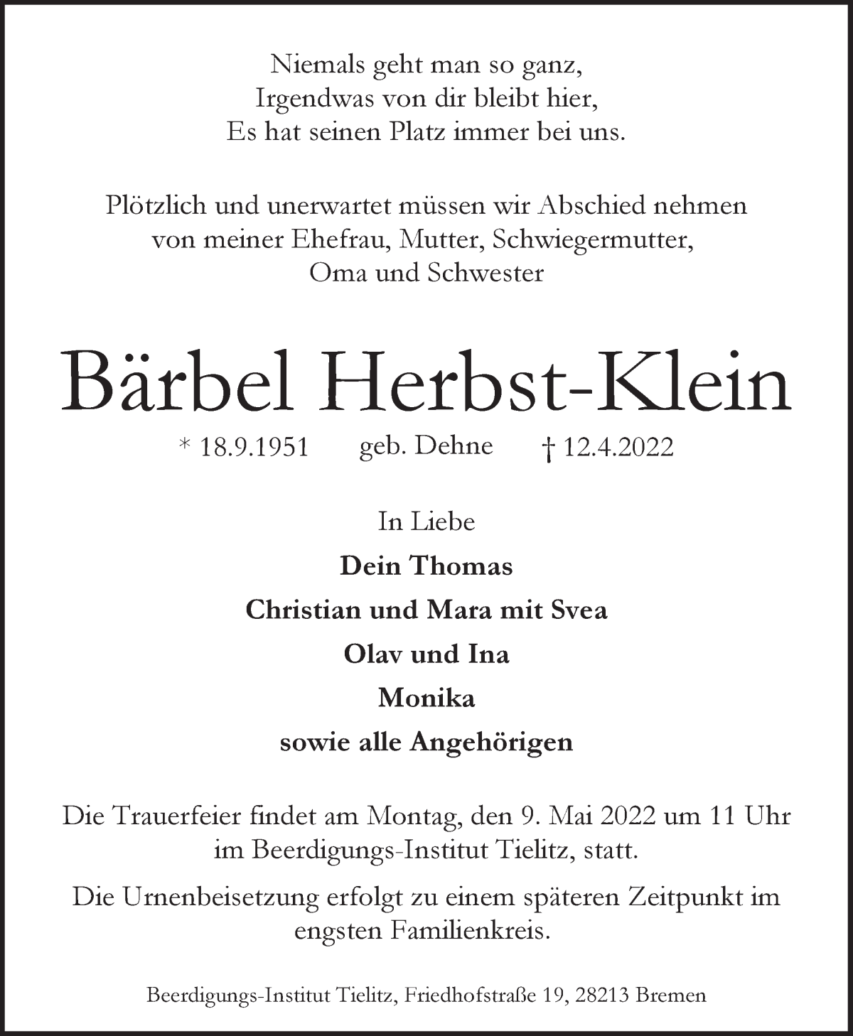Traueranzeige von Bärbel Herbst-Klein von WESER-KURIER