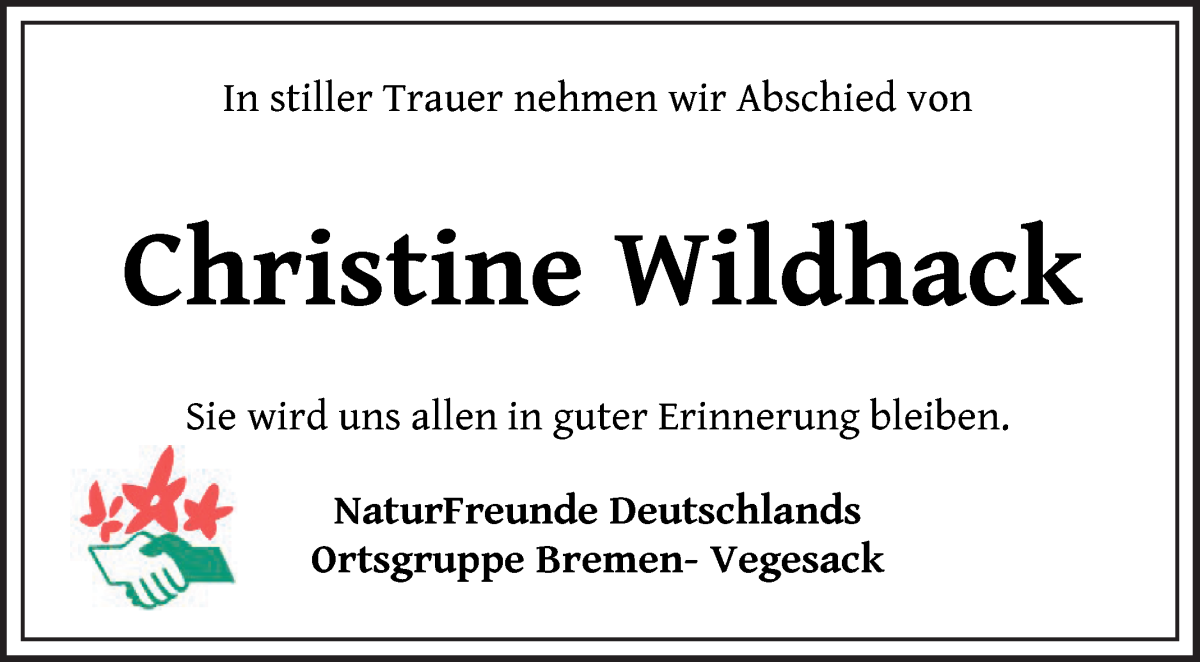 Traueranzeige von Christine Wildhack von Die Norddeutsche