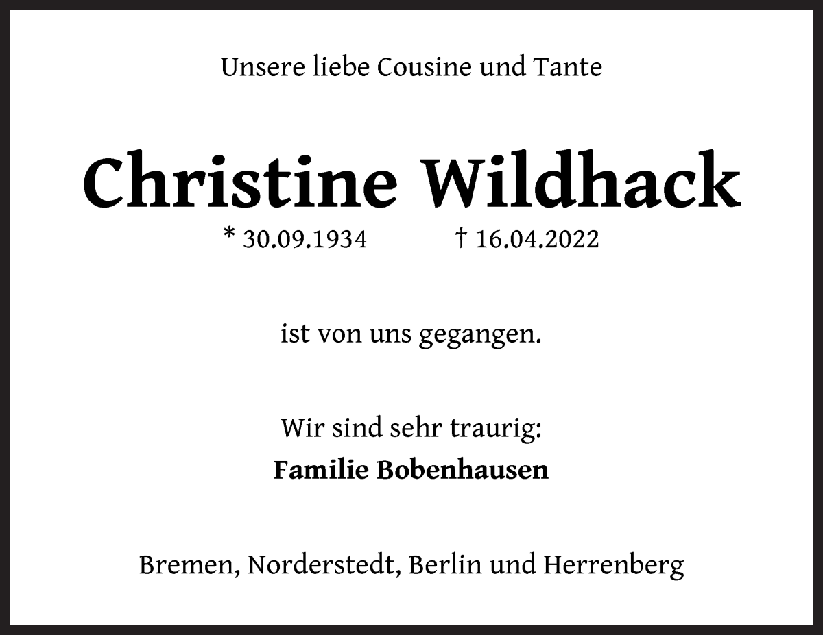 Traueranzeige von Christine Wildhack von Die Norddeutsche