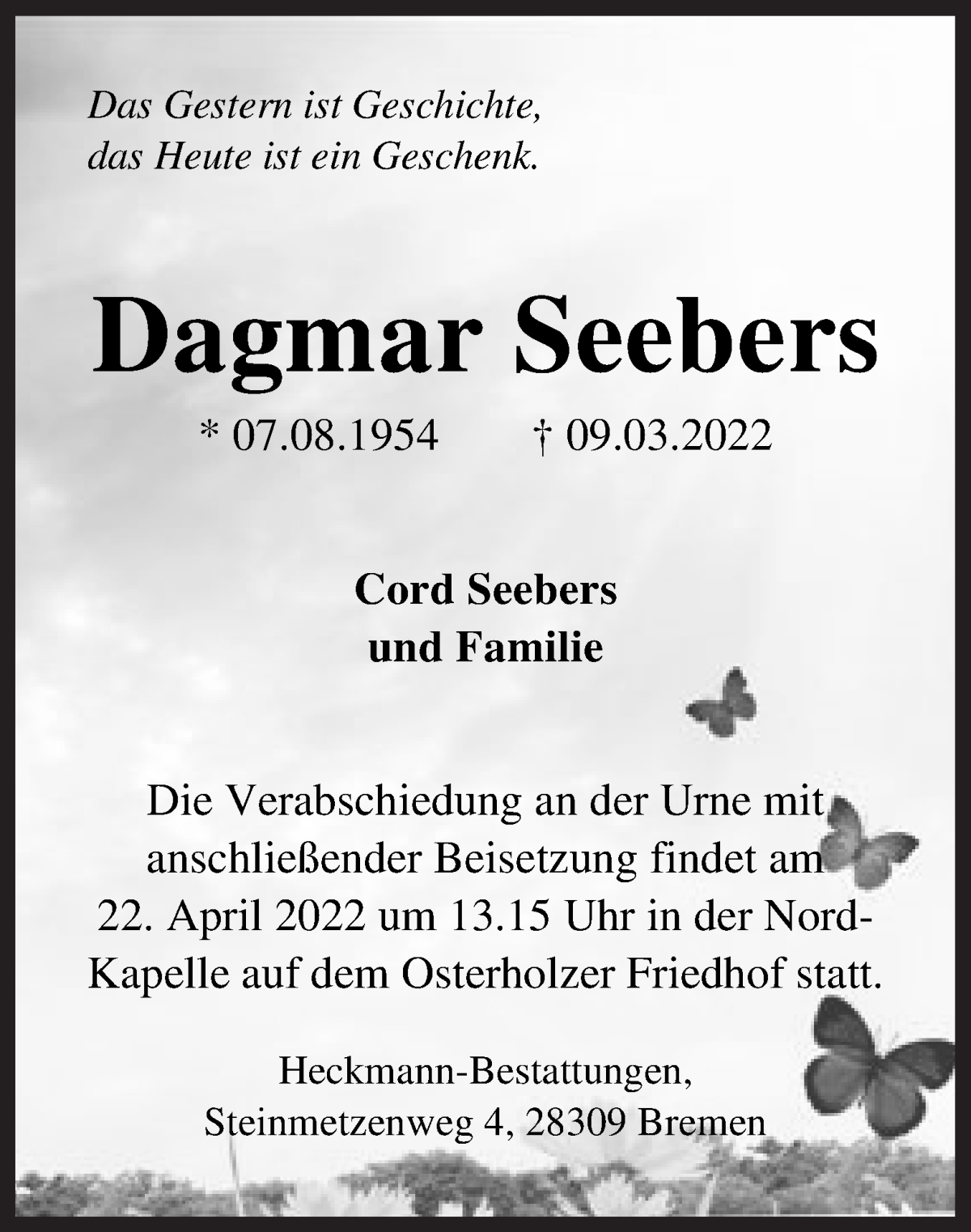 Traueranzeige von Dagmar Seebers von WESER-KURIER