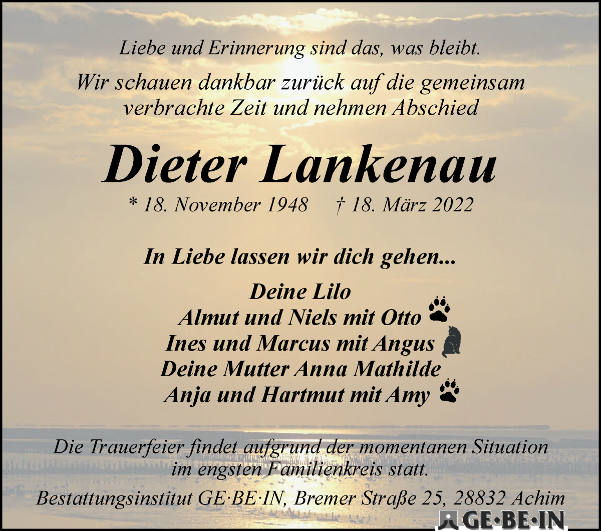 Traueranzeige von Dieter Lankenau von WESER-KURIER