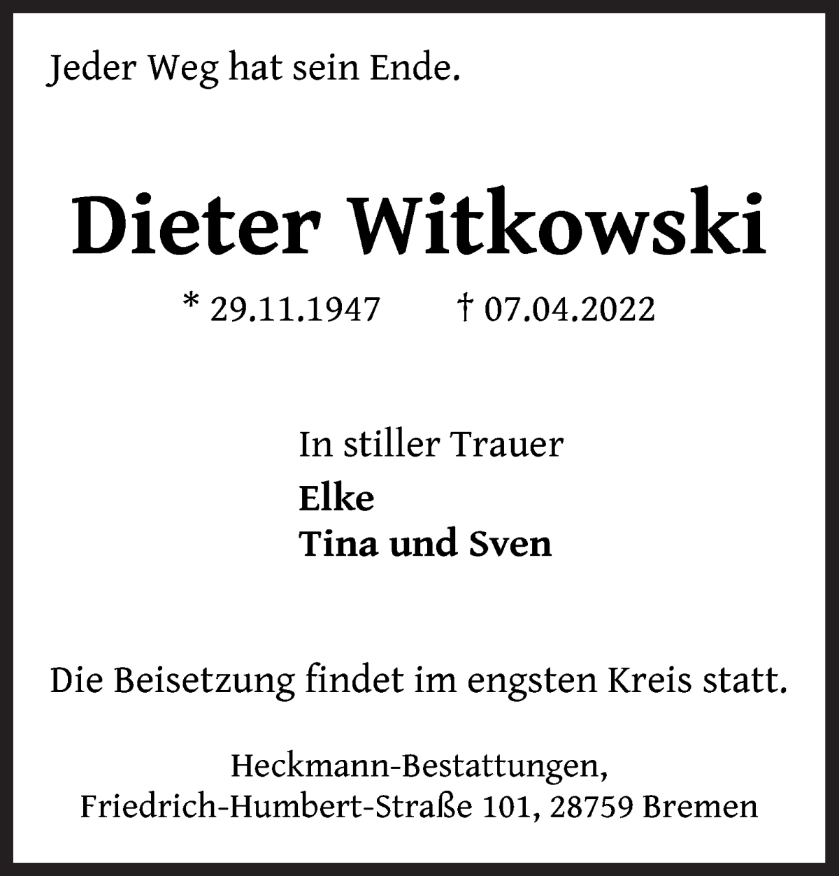 Traueranzeige von Dieter Witkowski von WESER-KURIER