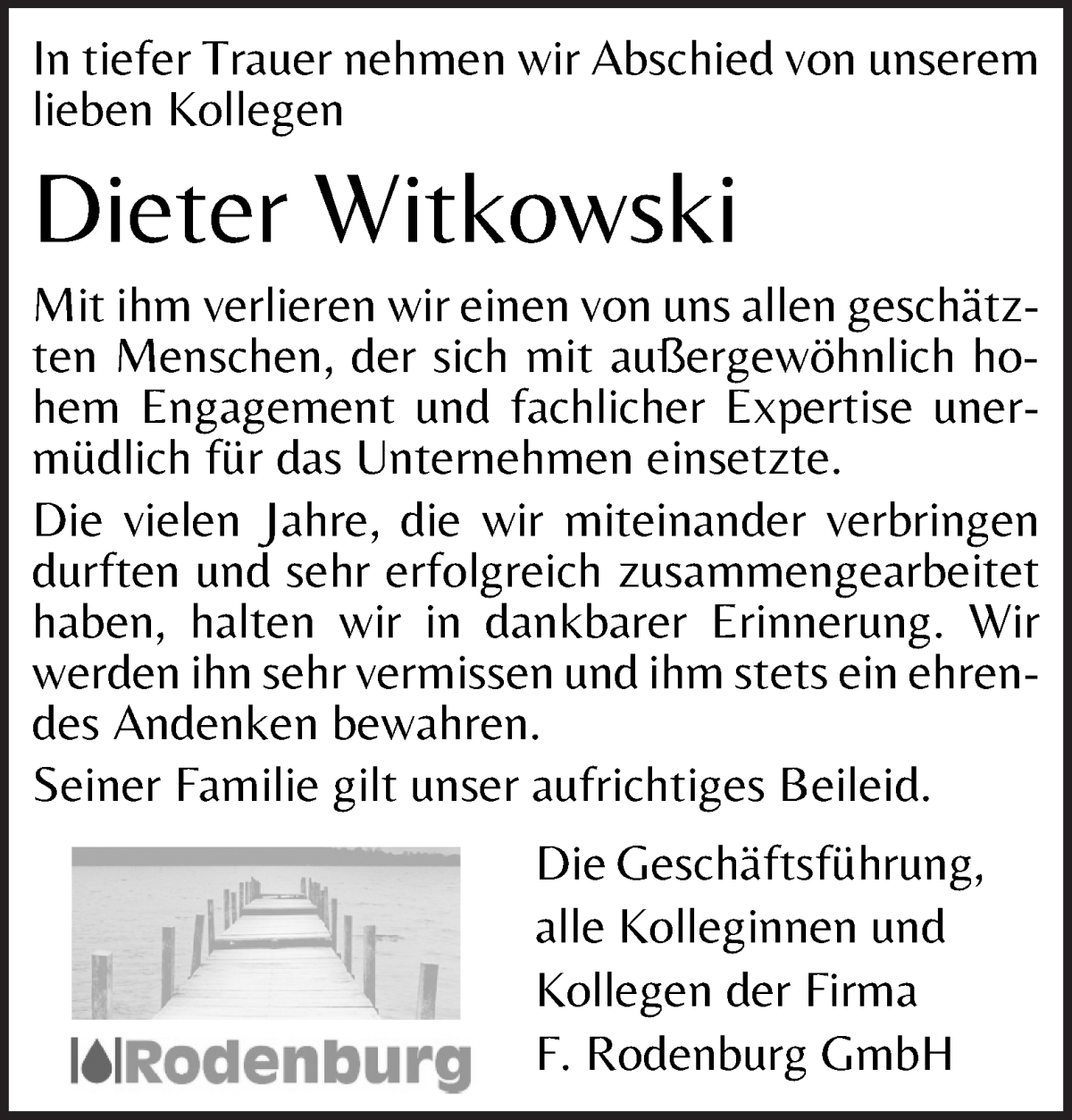 Traueranzeige von Dieter Witkowski von WESER-KURIER