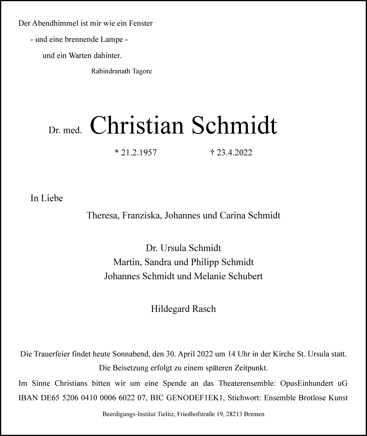 Traueranzeige von Dr. med. Christian Schmidt von WESER-KURIER