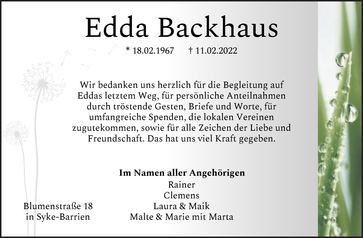 Traueranzeige von Edda Backhaus von Regionale Rundschau/Syker Kurier