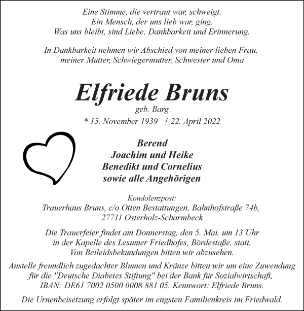 Traueranzeige von Elfriede Bruns von Osterholzer Kreisblatt