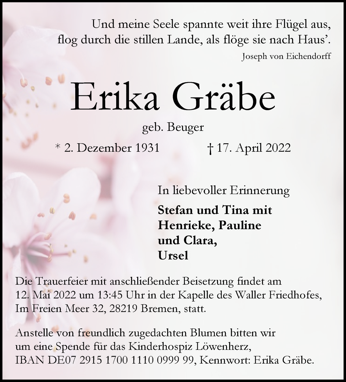 Traueranzeige von Erika Gräbe von WESER-KURIER