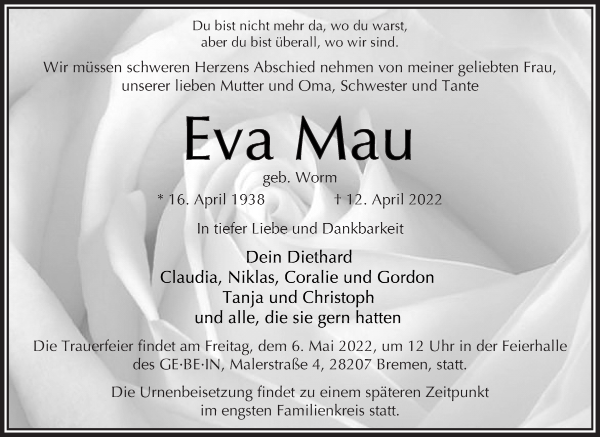 Traueranzeige von Eva Mau von WESER-KURIER