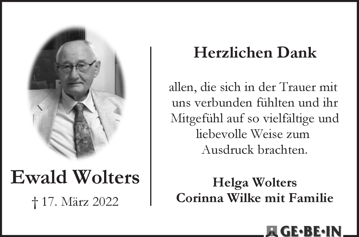 Traueranzeige von Ewald Wolters von WESER-KURIER