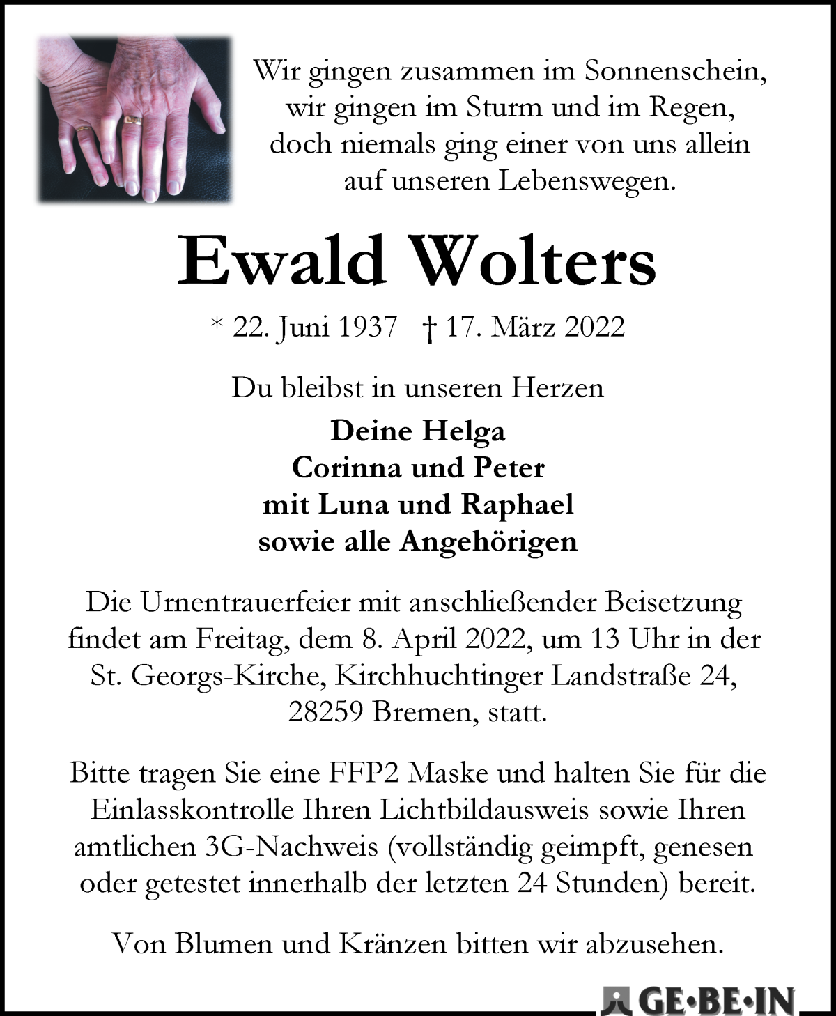 Traueranzeige von Ewald Wolters von WESER-KURIER