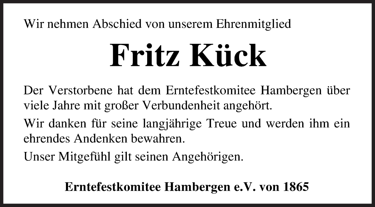 Traueranzeige von Fritz Kück von Osterholzer Kreisblatt