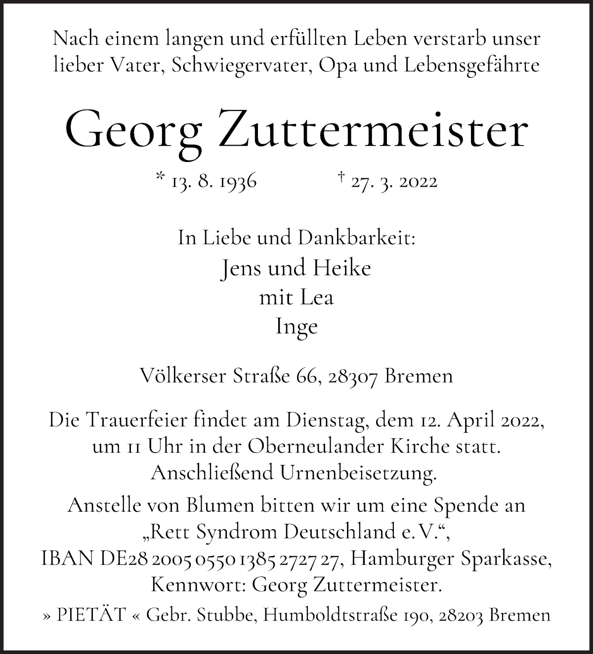 Traueranzeige von Georg Zuttermeister von WESER-KURIER