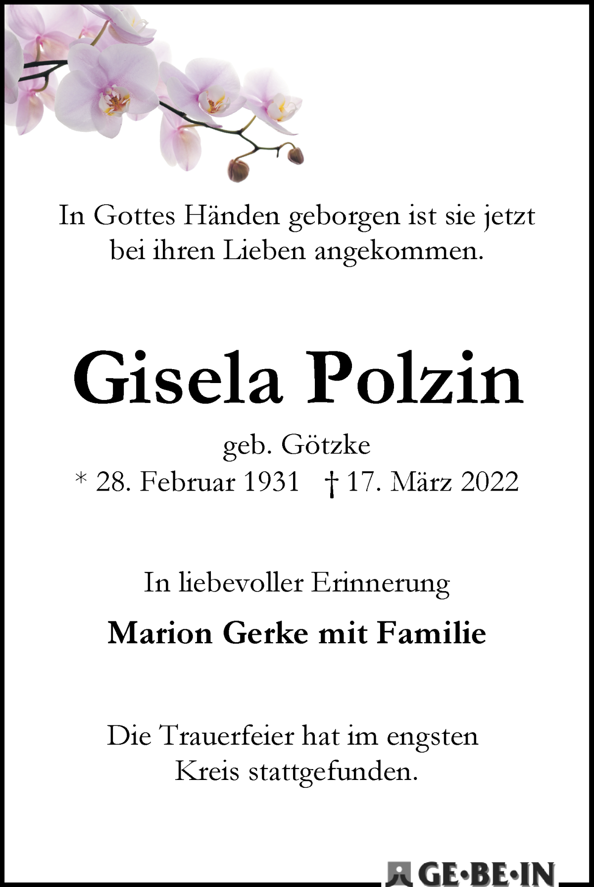 Traueranzeige von Gisela Polzin von WESER-KURIER