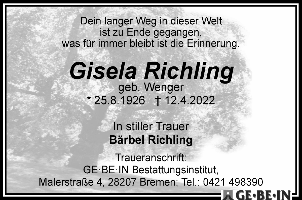 Traueranzeige von Gisela Richling von WESER-KURIER