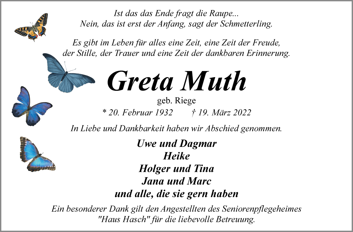 Traueranzeige von Greta Muth von WESER-KURIER