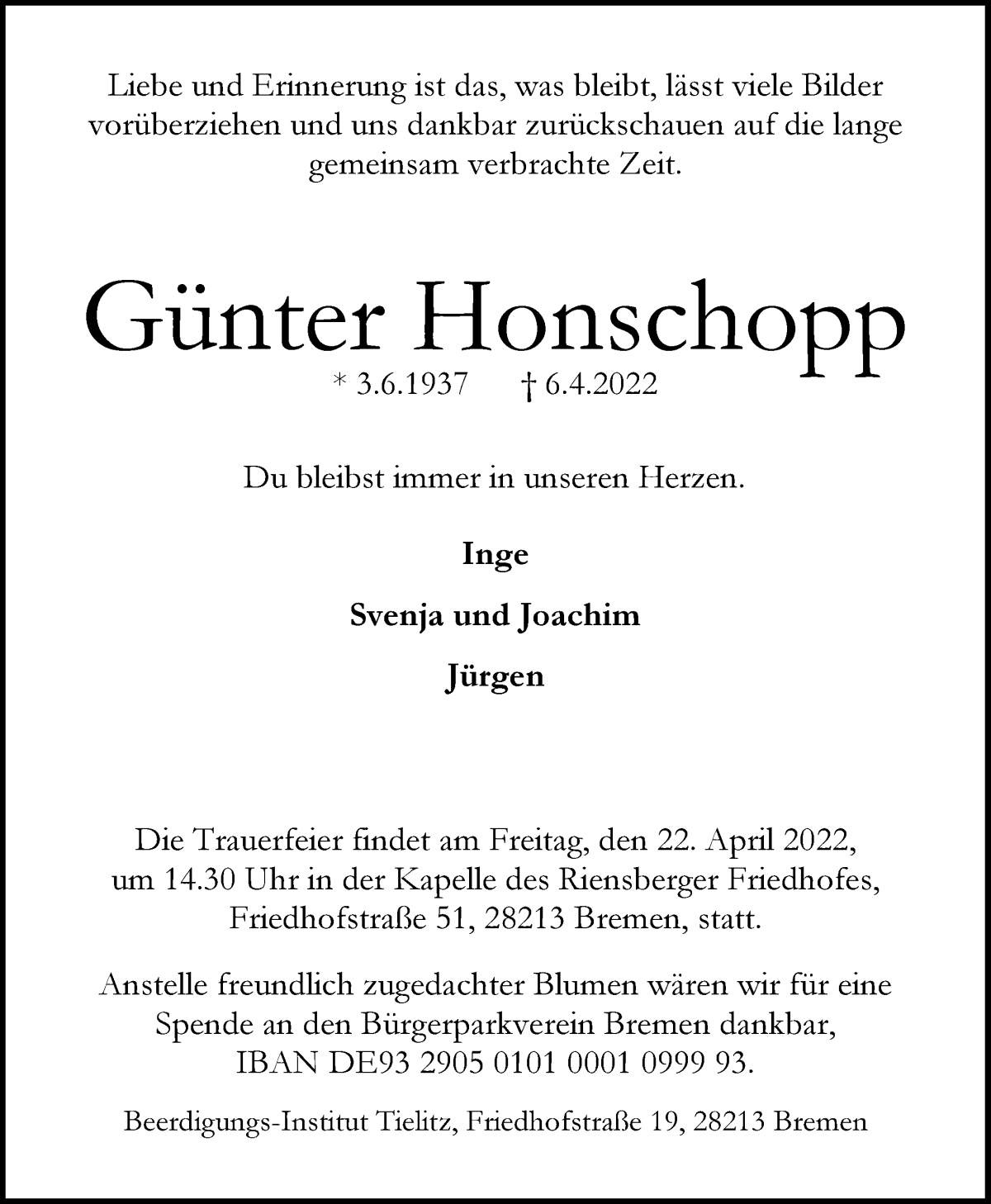 Traueranzeige von Günter Honschopp von WESER-KURIER