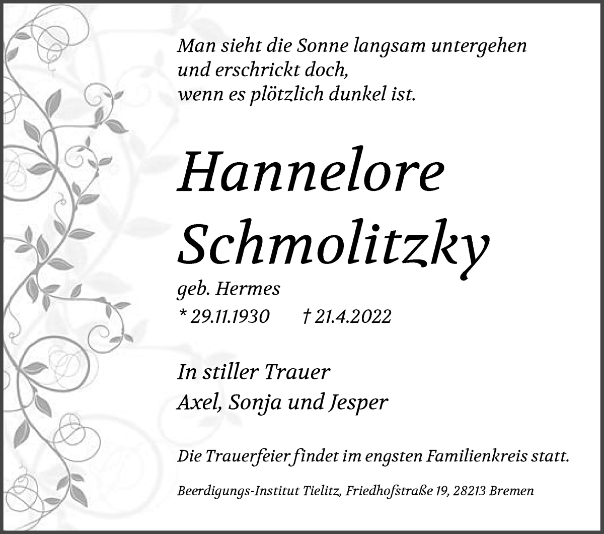 Traueranzeige von Hannelore Schmolitzky von WESER-KURIER