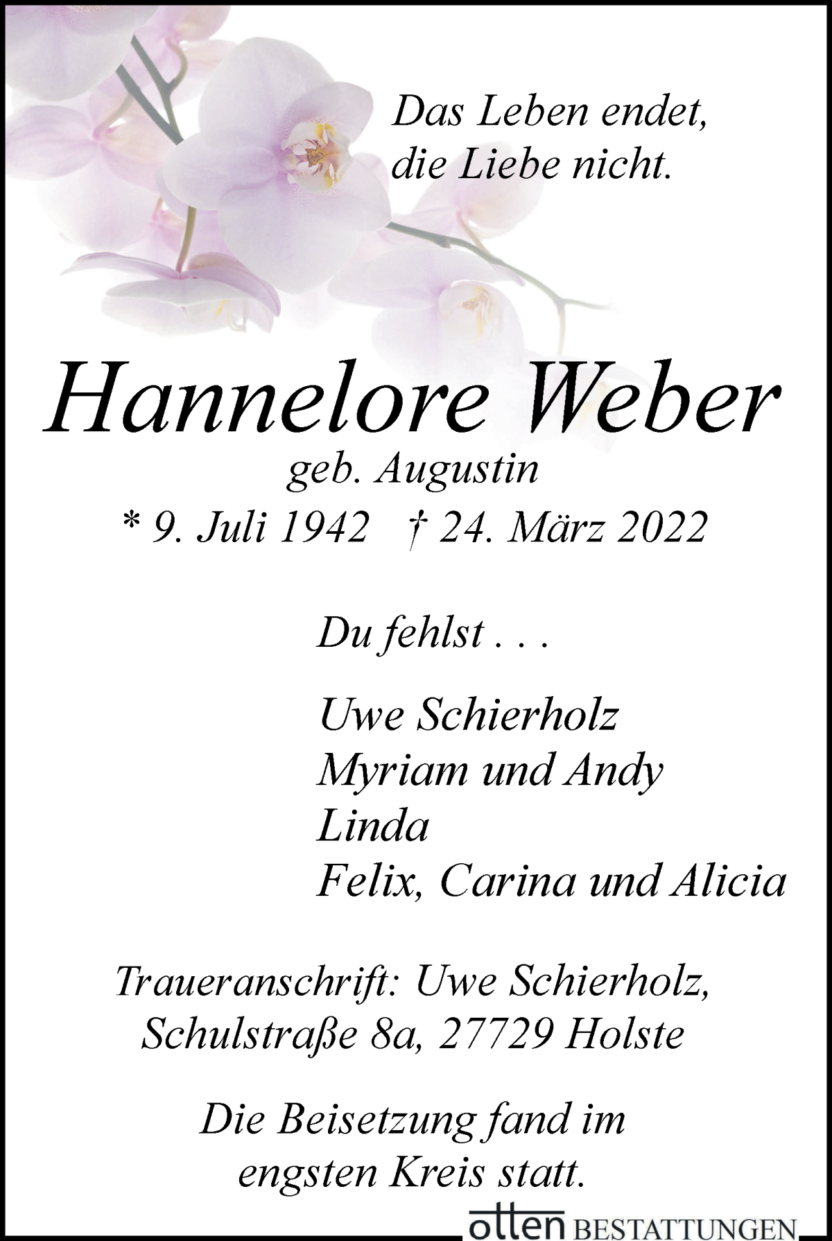 Traueranzeige von Hannelore Weber von Wuemme Zeitung