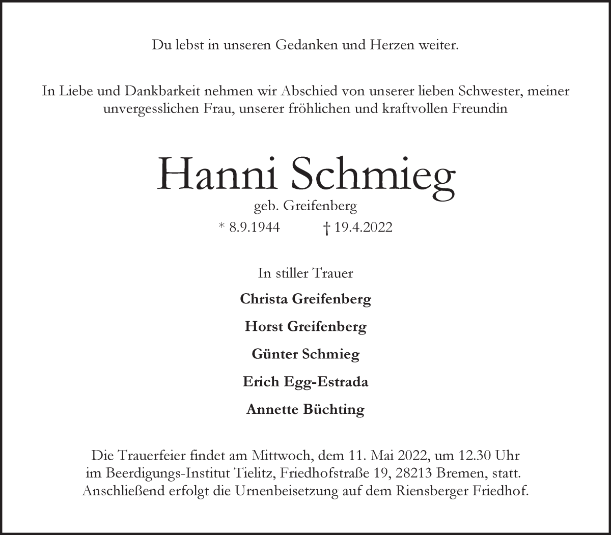 Traueranzeige von Hanni Schmieg von WESER-KURIER