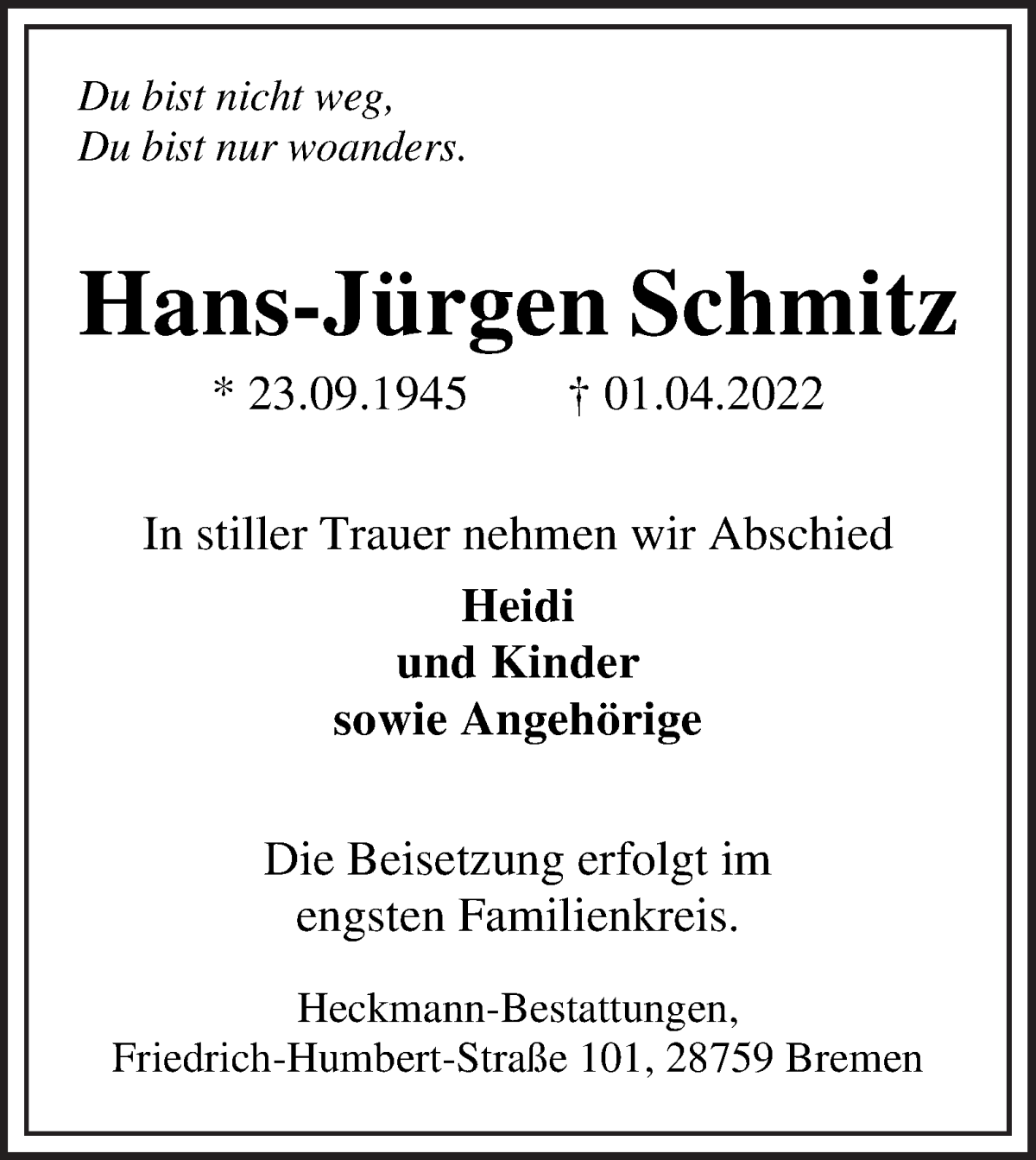 Traueranzeige von Hans-Jürgen Schmitz von WESER-KURIER