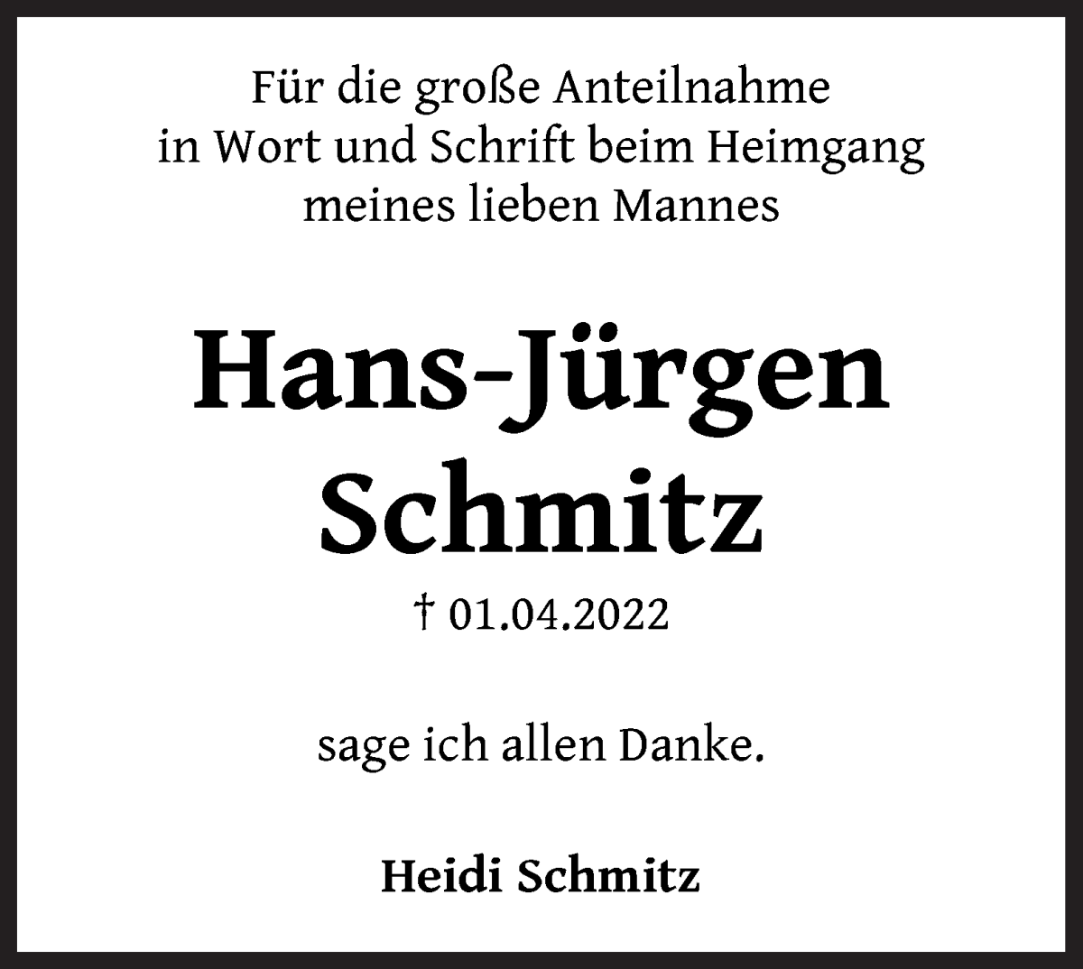 Traueranzeige von Hans-Jürgen Schmitz von WESER-KURIER