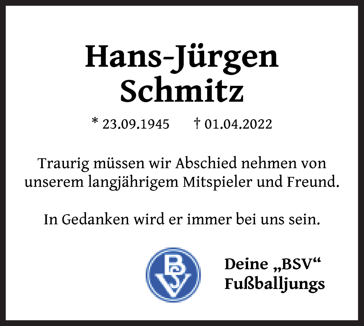 Traueranzeige von Hans-Jürgen Schmitz von WESER-KURIER