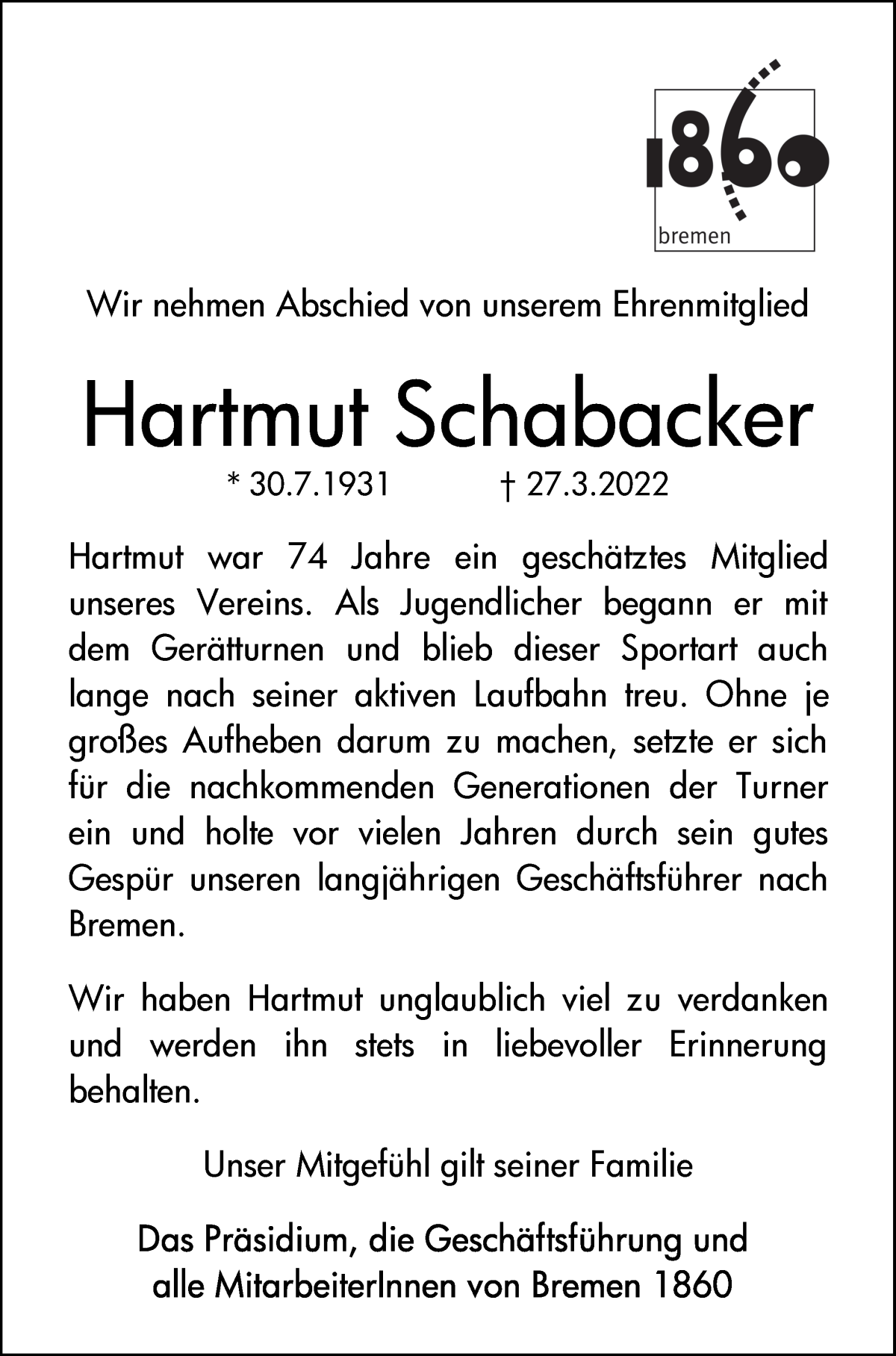 Traueranzeige von Hartmut Schabacker von WESER-KURIER